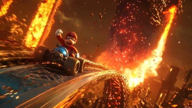 A volcanic track erupts behind Donkey Kong as he launches off a ramp in Mario Kart.