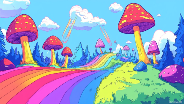 A wacky landscape filled with cartoon mushrooms and rainbow trails, ideal for trippy wallpaper backgrounds.