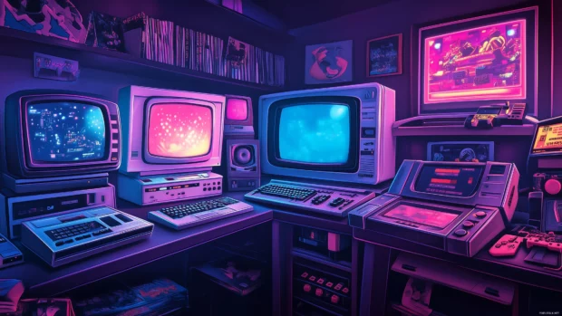 A wallpaper featuring a retro gaming setup with CRT monitors, colorful joysticks, and cartridges, surrounded by neon accents, Retro style.