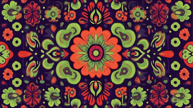 A wallpaper inspired by 70s design, showcasing a bold, psychedelic floral pattern with deep hues of red, green, and purple.