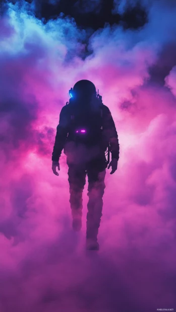 A wandering android through vapor haze, cyberpunk vaporwave wallpaper design.
