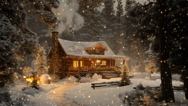 A warm cabin with Christmas lights, smoke from chimney, snow covered trees in the woods.