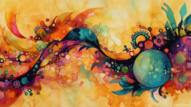 A warm orange watercolor background with vibrant hues.