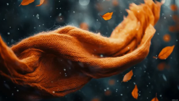 A warm scarf blowing gently in the wind, orange leaves in motion.