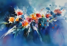 A watercolor background in deep blue features rich, intense shades.