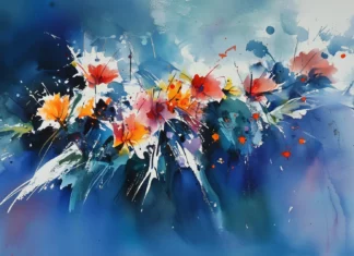 A watercolor background in deep blue features rich, intense shades.