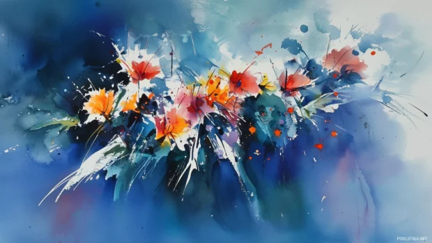 A watercolor background in deep blue features rich, intense shades.