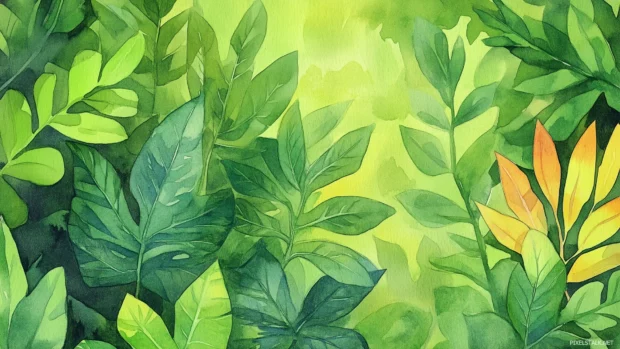 A watercolor background in lively green features fresh, natural tones.
