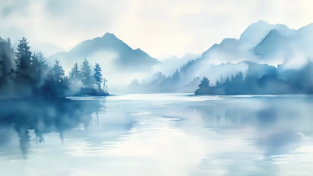 A watercolor background in soft light blue features calming, serene tones.