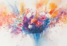 A watercolor background with a floral theme and a bouquet of colors.