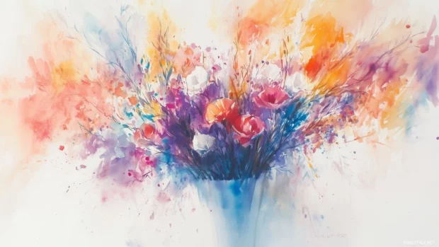 A watercolor background with a floral theme and a bouquet of colors.