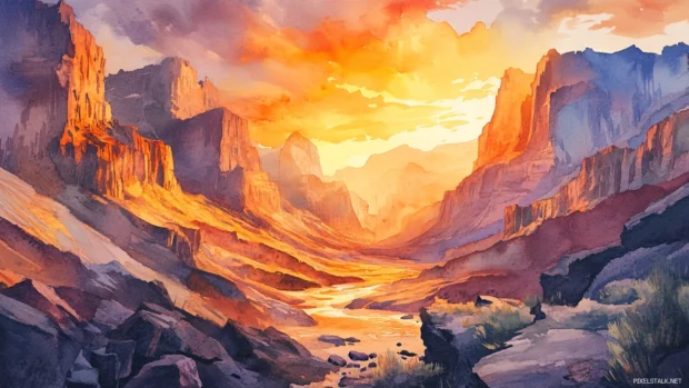 A watercolor mountain canyon glowing at sunset.