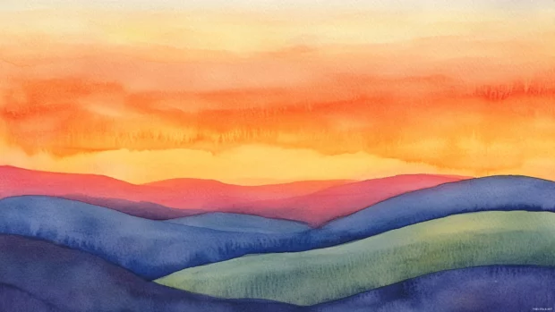 A watercolor painting of sunset over rolling hills with deep orange skies.