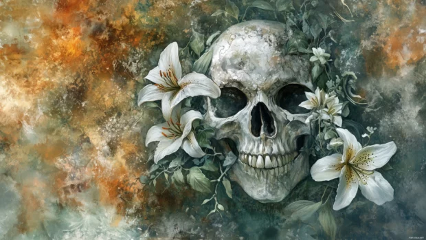 A weathered skull entwined with delicate lilies and ivy vines, set against a moody, watercolor inspired backdrop.