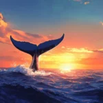 A whale tail breaching the surface of a vast blue sea at sunset.