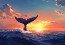 A whale tail breaching the surface of a vast blue sea at sunset.