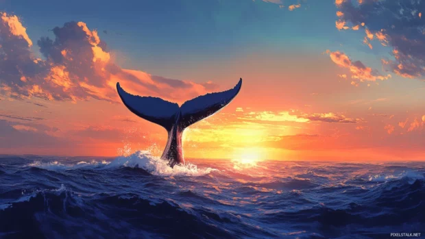 A whale tail breaching the surface of a vast blue sea at sunset.