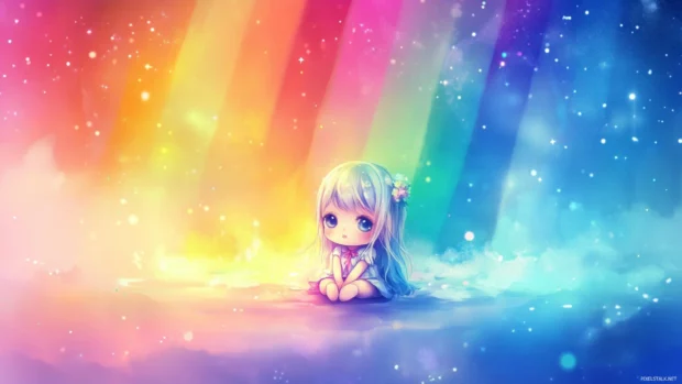 A whimsical chibi girl sitting under a pastel rainbow for your cute pc wallpapers.