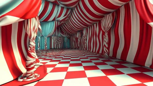 A whimsical circus tent with a distorted perspective, a playful Vintage Trippy Wallpaper.