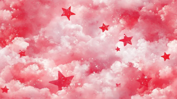 A whimsical design showcasing red stars with playful expressions scattered across a pastel pink sky, surrounded by fluffy clouds and gentle light, creating a cheerful atmosphere.
