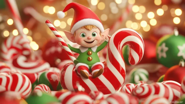 A whimsical elf sitting on a giant candy cane, surrounded by lollipops and festive decorations in a bright and cheerful setting.