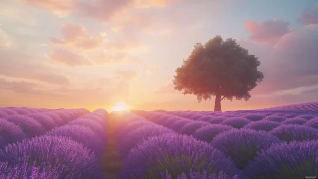 A whimsical field of lavender stretching into the horizon, with a lone tree standing tall under a golden sunset.