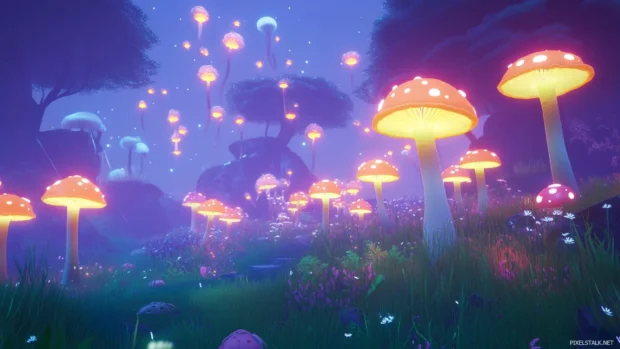 A whimsical mushroom forest with glowing caps and floating spores.