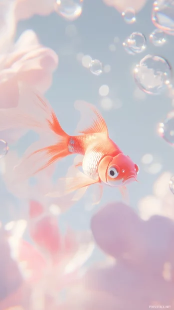 A whimsical scene featuring a vibrant orange and white goldfish swimming gracefully in clear water, surrounded by bubbles and subtle reflections.