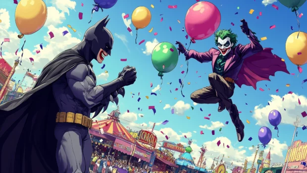 Whimsical scene of Batman chasing the Joker through a colorful carnival, with balloons and confetti in the air.