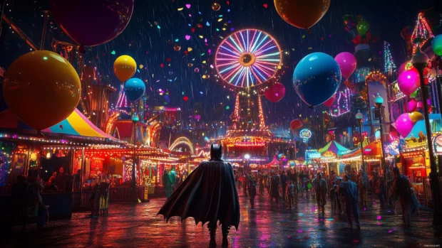 A whimsical scene of Batman chasing the Joker through a colorful carnival, with balloons and confetti in the air.