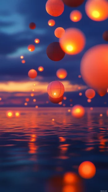 A whimsical scene of floating paper lanterns in a twilight sky, their warm glow blending with the fading sunligh.