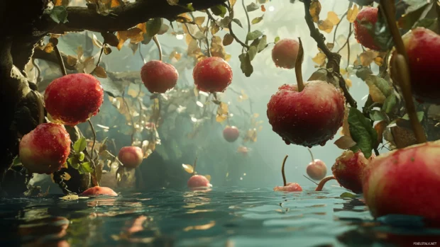 A whimsical world where rotten apples can float.