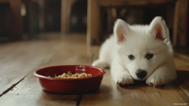 A white puppy lying on a wooden floor beside a bowl of food.