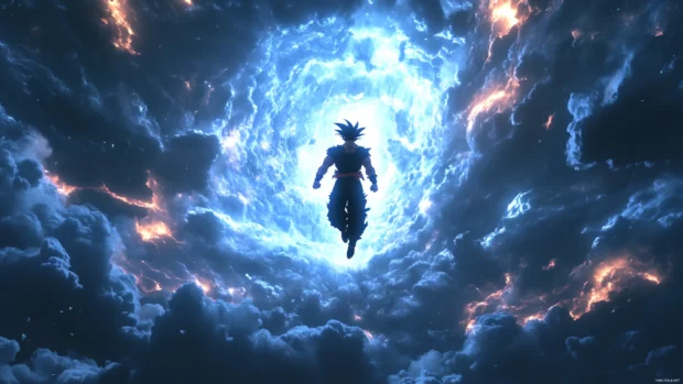 A wide shot of Goku floating above an energy storm makes this Goku Wallpaper 4K visually stunning.