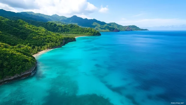 A wide shot of turquoise tropical ocean waters, tropical ocean wallpaper for desktop PC.