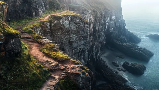A winding path climbs through craggy coastal cliffs.