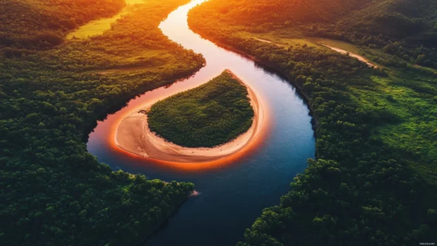 A winding river reflecting the fiery hues of a sunset beach wallpaper, surrounded by lush greenery.