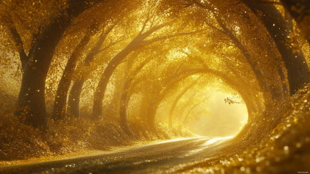 A winding road through a tunnel of golden trees, autumn morning haze.