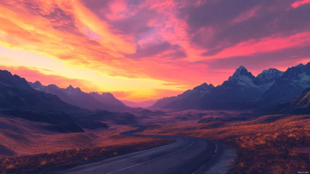 A winding road through the mountains, leading into the horizon under a vibrant sunset sky.