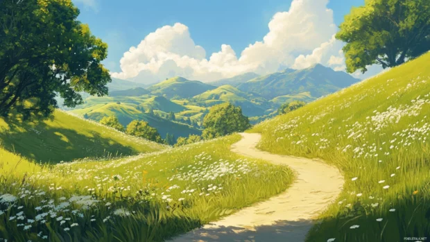 A winding trail through sunlit hills, inviting explorers to wander under blue summer skies.