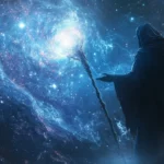A wizard conjuring a galaxy from his staff, for enchanting Fantasy Laptop Wallpapers 4K.