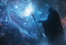 A wizard conjuring a galaxy from his staff, for enchanting Fantasy Laptop Wallpapers 4K.