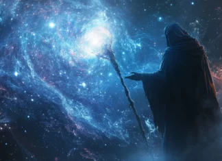 A wizard conjuring a galaxy from his staff, for enchanting Fantasy Laptop Wallpapers 4K.
