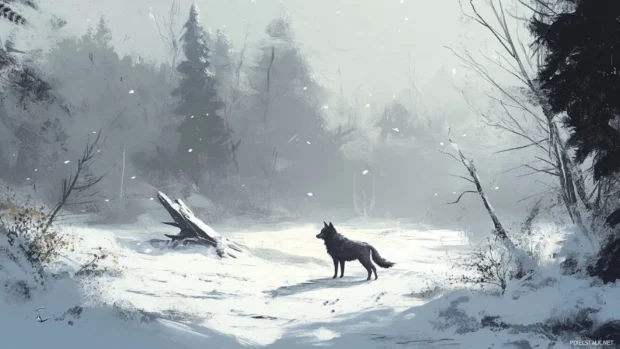 A wolf standing in a snowy clearing.