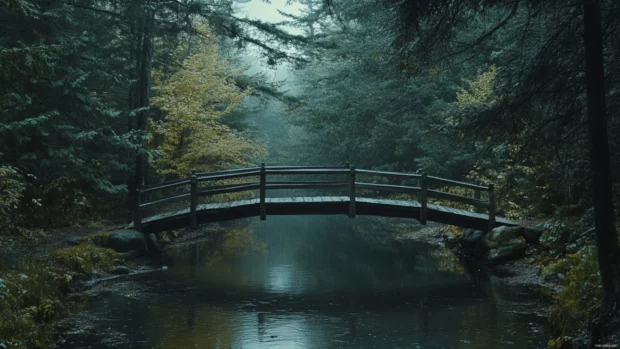 A wooden bridge stretches over a quiet forest brook.