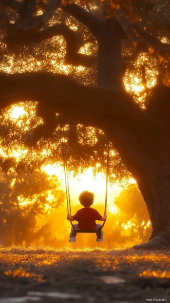 A young boy sitting on a swing under a giant oak tree during a golden sunset, surrounded by soft lens flares.