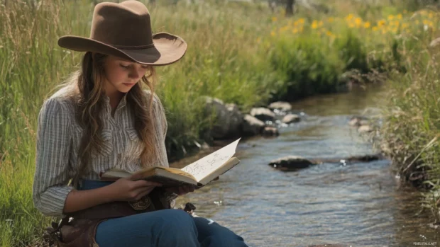 A young cowgirl sketching in her journal beside a creek.