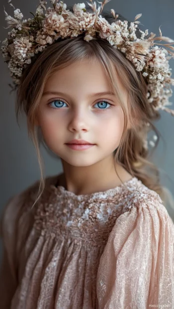 A young girl with bright blue eyes and a delicate floral crown, soft and elegant portrait.