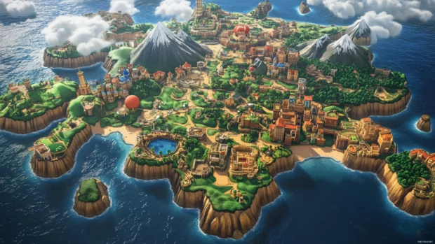 A zoomed out world map shows Marios trail across various iconic stages.