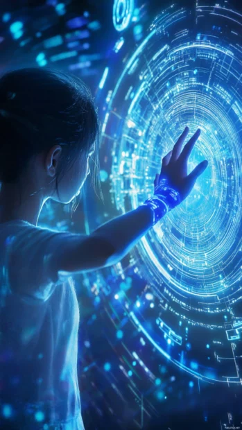 AI hologram girl reaching out from digital pool.